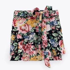 Zara Dora Black Pink Floral Mini Skirt with Tie Waist